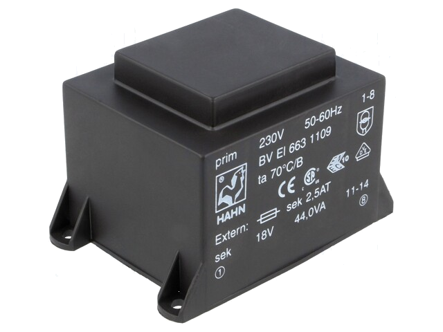 Transformator: ingegoten; 44VA; 230VAC; 18V; 2444mA; PCB; BVEI Transformator: ingegoten; 44VA; 230VAC; 18V; 2444mA; PCB; BVEI